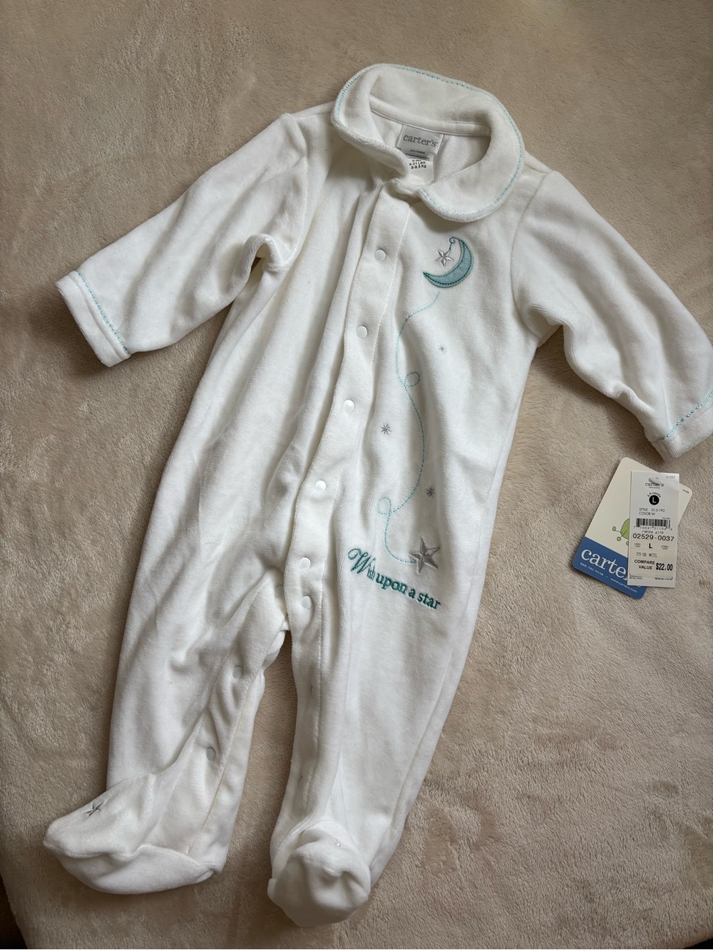 NWT Carter's White Velour Footed Sleeper & Hat Set 3-6 Months Moon Star Wish